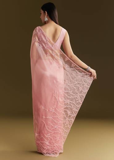 Pink Tissue Saree With Heavy Cutdana And Beads Embroidery