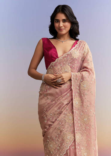 Pink Tissue Saree With Heavy Hand Embroidery