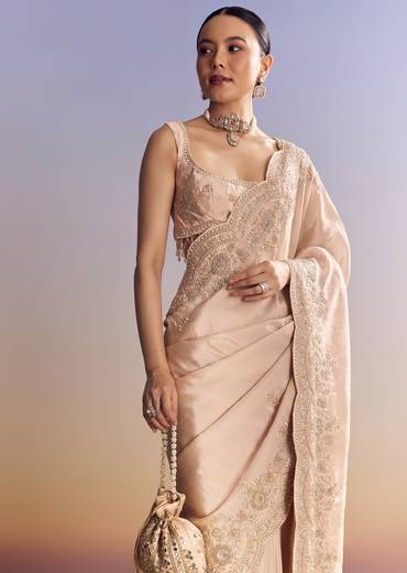Pink Tissue Saree With Scallop Border