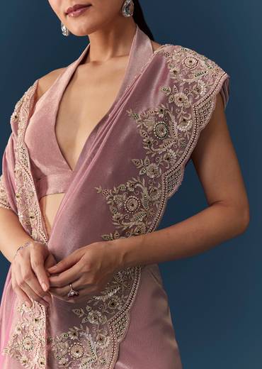 Pink Tissue Silk Embroidered Saree with Blouse Fabric
