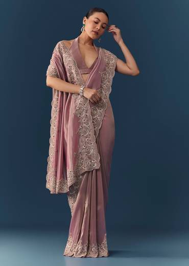 Pink Tissue Silk Embroidered Saree with Blouse Fabric