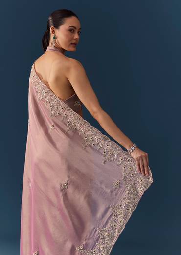 Pink Tissue Silk Embroidered Saree with Blouse Fabric
