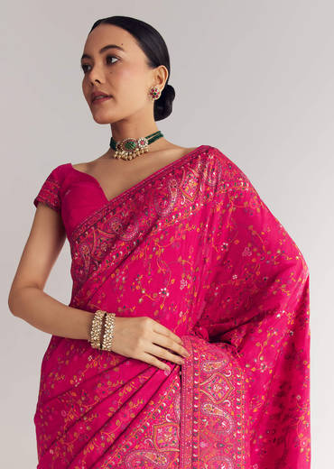 Pink Traditional Floral And Jaal Woven Saree