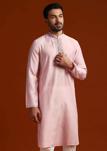 Pink Viscose Kurta Set For Men With Heavy Hand Embroidery