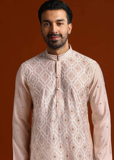 Pink Viscose Kurta Set For Men With Thread Work