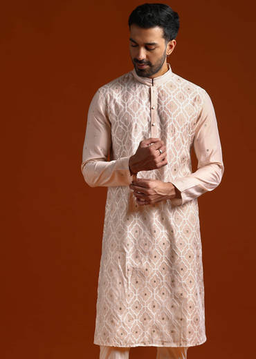 Pink Viscose Kurta Set For Men With Thread Work