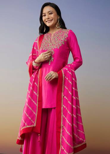 Pink Viscose Satin Palazzo Suit with Zardosi Work