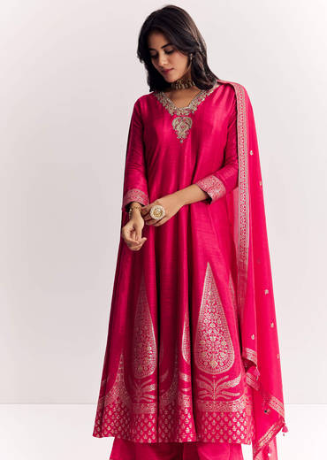 Pink Weave Silk Anarkali Suit With Dupatta
