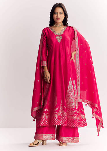 Pink Weave Silk Anarkali Suit With Dupatta