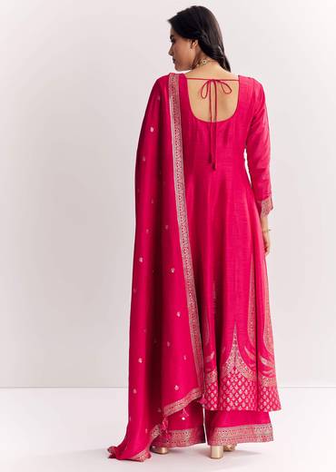 Pink Weave Silk Anarkali Suit With Dupatta
