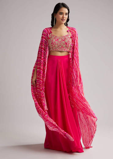 Pink Zardosi Cape Set With Crop Top And Skirt