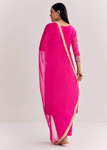 Pink Zari Work Kurta Set With Chiffon Dupatta