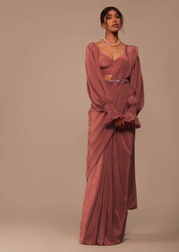 Pink Pre Stitched Saree With Lantern Sleeved Blouse And Hand Worked Belt