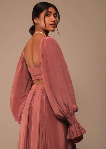 Pink Pre Stitched Saree With Lantern Sleeved Blouse And Hand Worked Belt