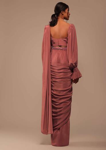 Pink Pre Stitched Saree With Lantern Sleeved Blouse And Hand Worked Belt