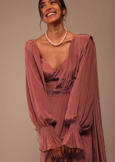 Pink Pre Stitched Saree With Lantern Sleeved Blouse And Hand Worked Belt