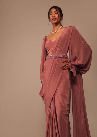 Pink Pre Stitched Saree With Lantern Sleeved Blouse And Hand Worked Belt