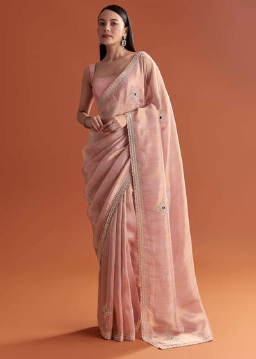 Pink Tissue Saree With Zardosi And Stone Embroidery