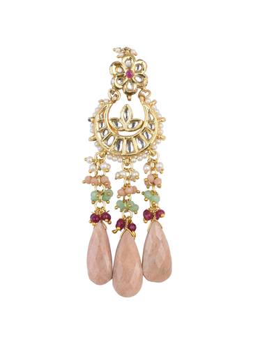 Pink Tone Crescent Moon Kundan Danglers With Stone Drops