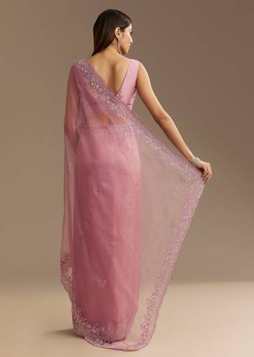 Pinkish Lavender Tissue Saree With Sequins Cutdana And Scallop Border