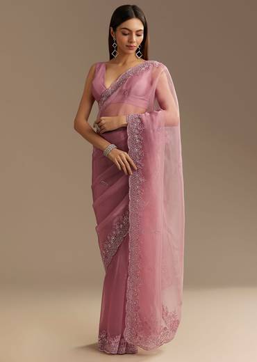 Pinkish Lavender Tissue Saree With Sequins Cutdana And Scallop Border