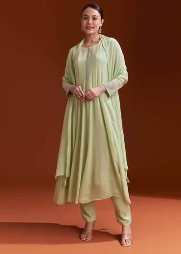 Pista Green Chinon Beaded Stone Work Anarkali Suit