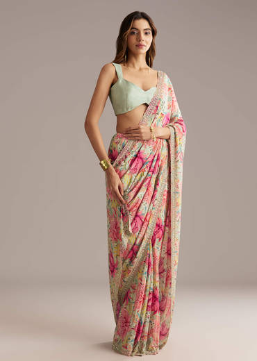 Pista Green Crepe Saree With Floral Print And Sequin Work