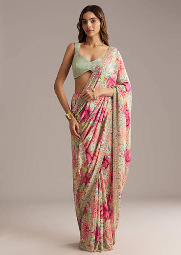 Pista Green Crepe Saree With Floral Print And Sequin Work