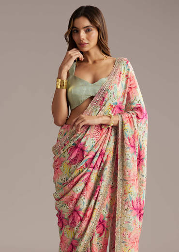 Pista Green Crepe Saree With Floral Print And Sequin Work
