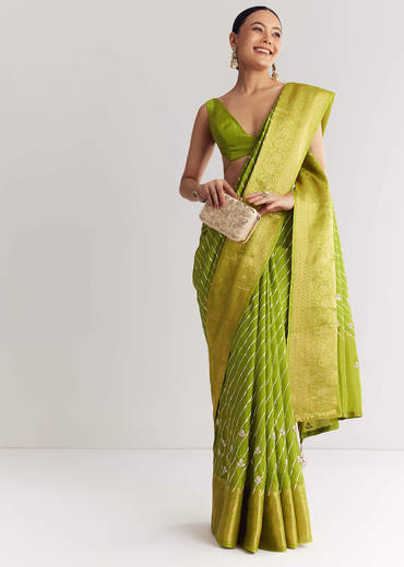 Pista Green Saree With Lehariya Print And Floral Gotapatti And Moti Work.