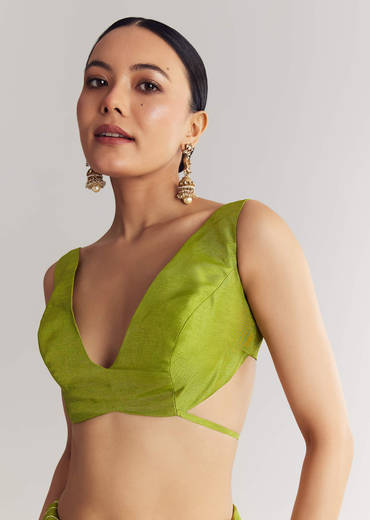 Pista Green Saree With Lehariya Print And Floral Gotapatti And Moti Work.