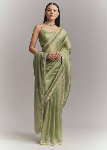 Pista Green Tissue Embroidered Saree With Heavy Hand Embroidery