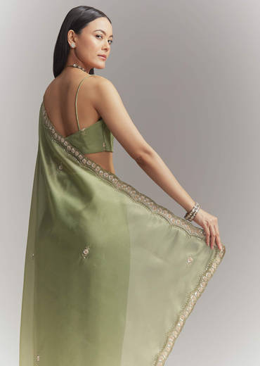 Pista Green Tissue Embroidered Saree With Heavy Hand Embroidery