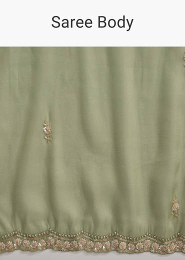 Pista Green Tissue Embroidered Saree With Heavy Hand Embroidery