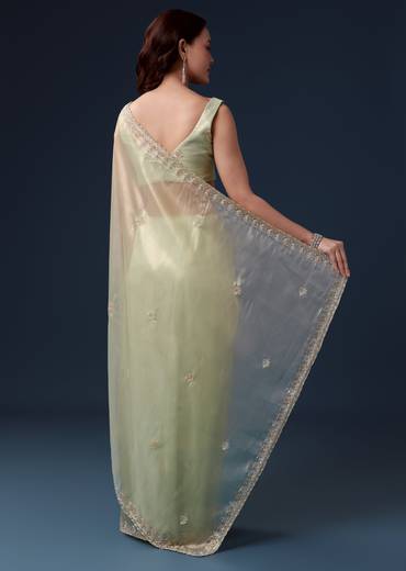 Pista Green Tissue Saree With Cutdana Beads And Sequin Embroidery