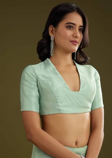 Pista Green Tissue Saree With Embroidered Scallop Border