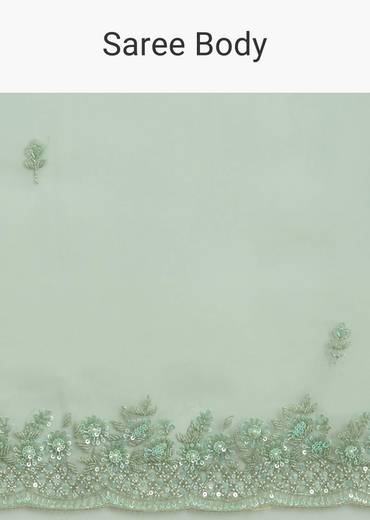 Pista Green Tissue Saree With Embroidered Scallop Border