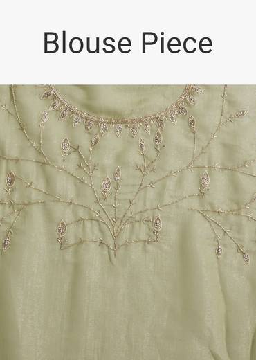 Pista Green Tissue Saree With Leaf Motif Embroidery In Sequins And Cutdana