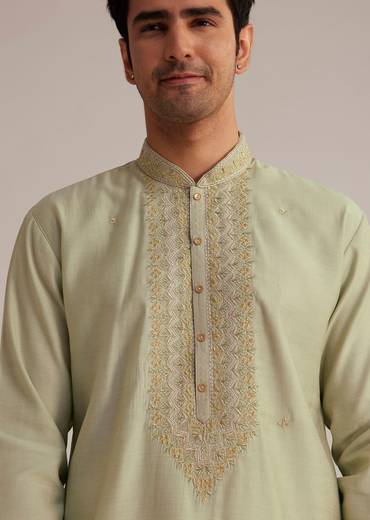 Pista Green Silk Kurta Set With Thread Embroidery