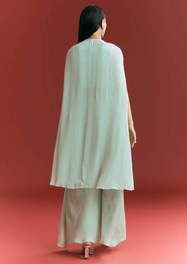 Powder Blue Chinon Cape Suit With Zardosi Thread And Moti Work