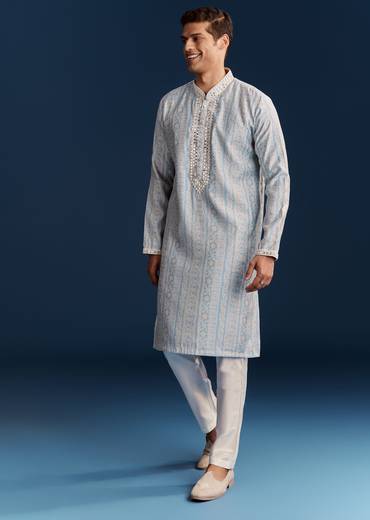 Powder Blue Silk Kurta With Mirror Work