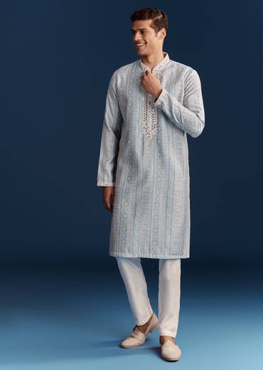 Powder Blue Silk Kurta With Mirror Work