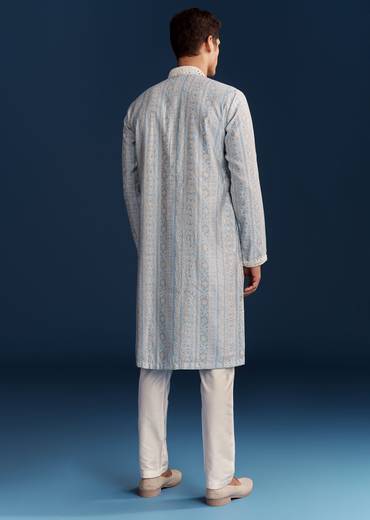 Powder Blue Silk Kurta With Mirror Work