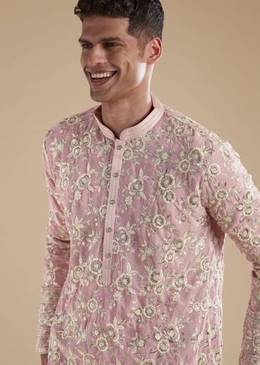 Powder Pink Kurta Set With Thread Resham And Sequins Detail