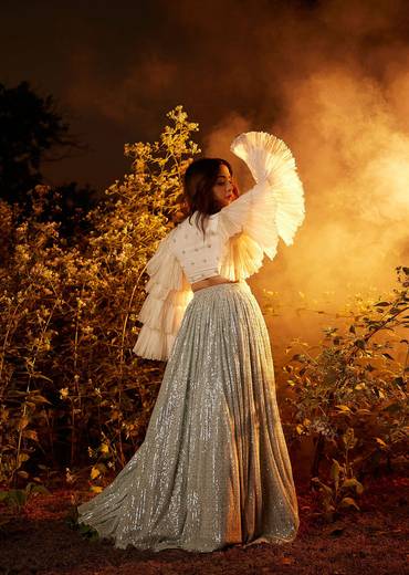 Powder Blue Sequin Skirt And White Crop Top With Fancy Layered Bell Sleeves And Plunging Neckline
