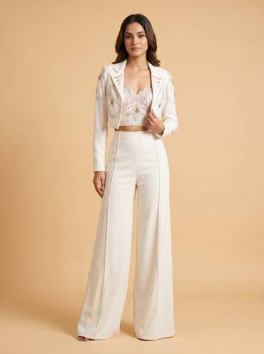 Pristine White Indowestern Jumpsuit With Structured Jacket