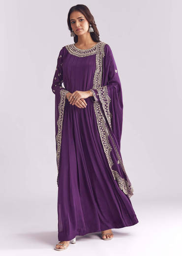 Purple Chinon Anarkali Suit With Cutdana And Sequins Work