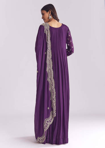 Purple Chinon Anarkali Suit With Cutdana And Sequins Work