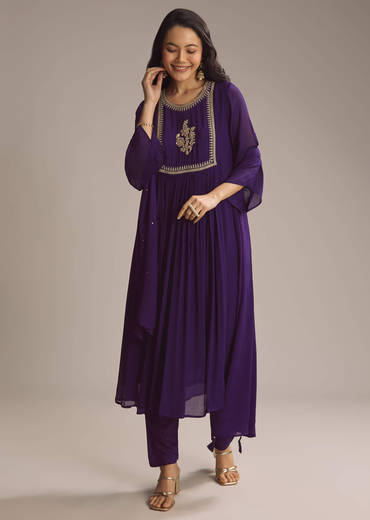 Purple Chinon Anarkali Suit With Zari Work