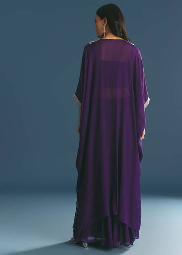 Purple Chinon Embroidered Cape Suit